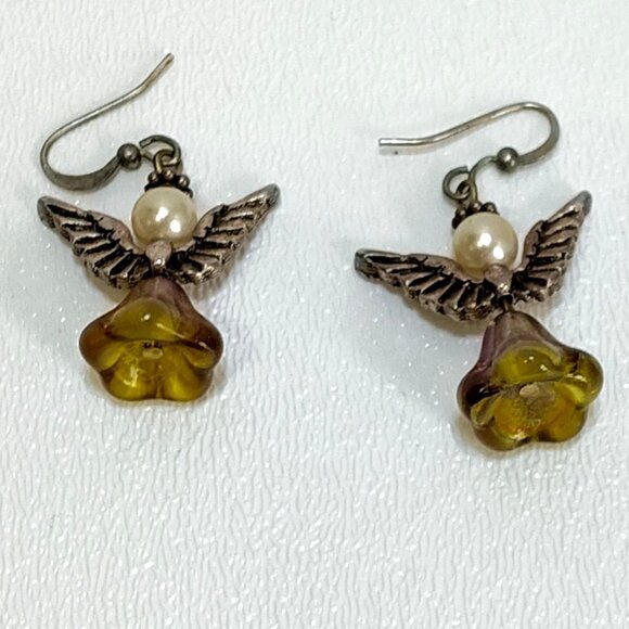 Angel Wing Earring Handcrafted Yellow Glass Flower Bead Faux Pearls Silver Hooks - Picture 2 of 4